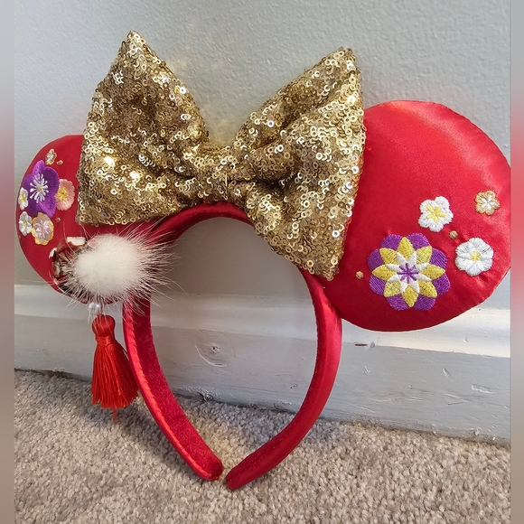 Disney Mickey Mouse Ears Red Chinese New Year floral ears with a tassel-Red/Gold - Picture 4 of 9